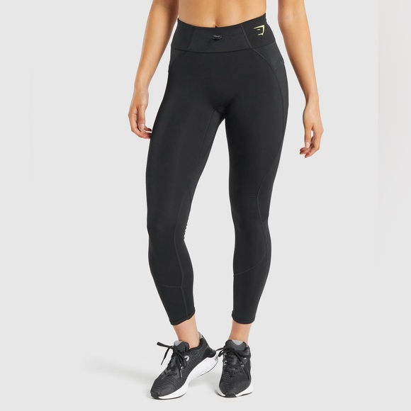 Gymshark Pants - 041 GYMSHARK Pulse Leggings Mesh Panels Overlap Pockets Drawcord Black - Small
